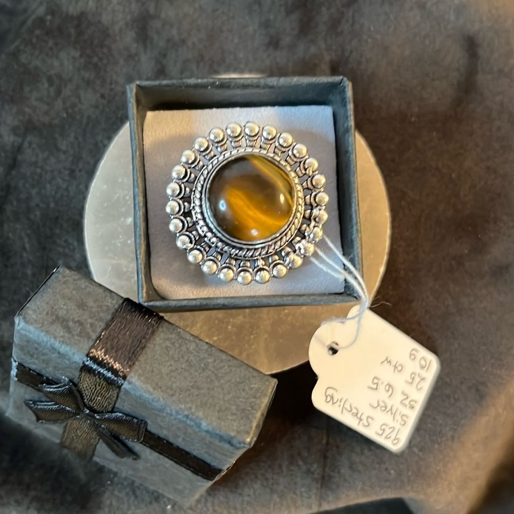 NWT NATURAL ARTISAN CRAFTED TIGERS EYE RING IN 925 STERLING SILVER SZ6.5